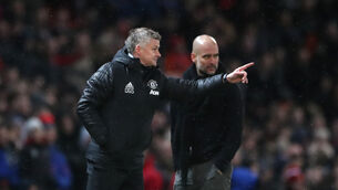 <p>Manchester United manager Ole Gunnar Solskjaer (left) and Manchester City manager Pep Guardiola.</p>