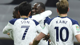 <p>Moussa Sissoko, centre, helped deliver Spurs to the Carabao Cup final. Picture: Glyn Kirk/AP</p>