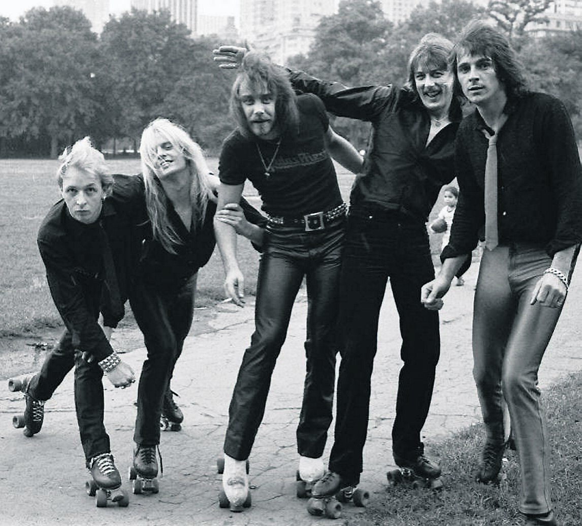 English heavy metal band Judas Priest in a photoshoot for 'Roller Disco' magazine, 1979. From left to right, they are lead vocalist Rob Halford, guitarist KK Downing, bass player Ian Hill, drummer Dave Holland and guitarist Glenn Tipton. (Photo by Don Paulsen/Michael Ochs Archives/Getty Images)20