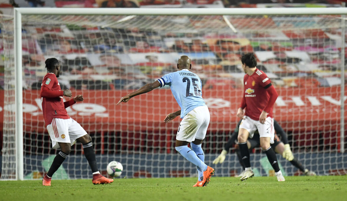 Manchester City's Fernandinho scores his side's second goal of the game. Picture: Peter Powell