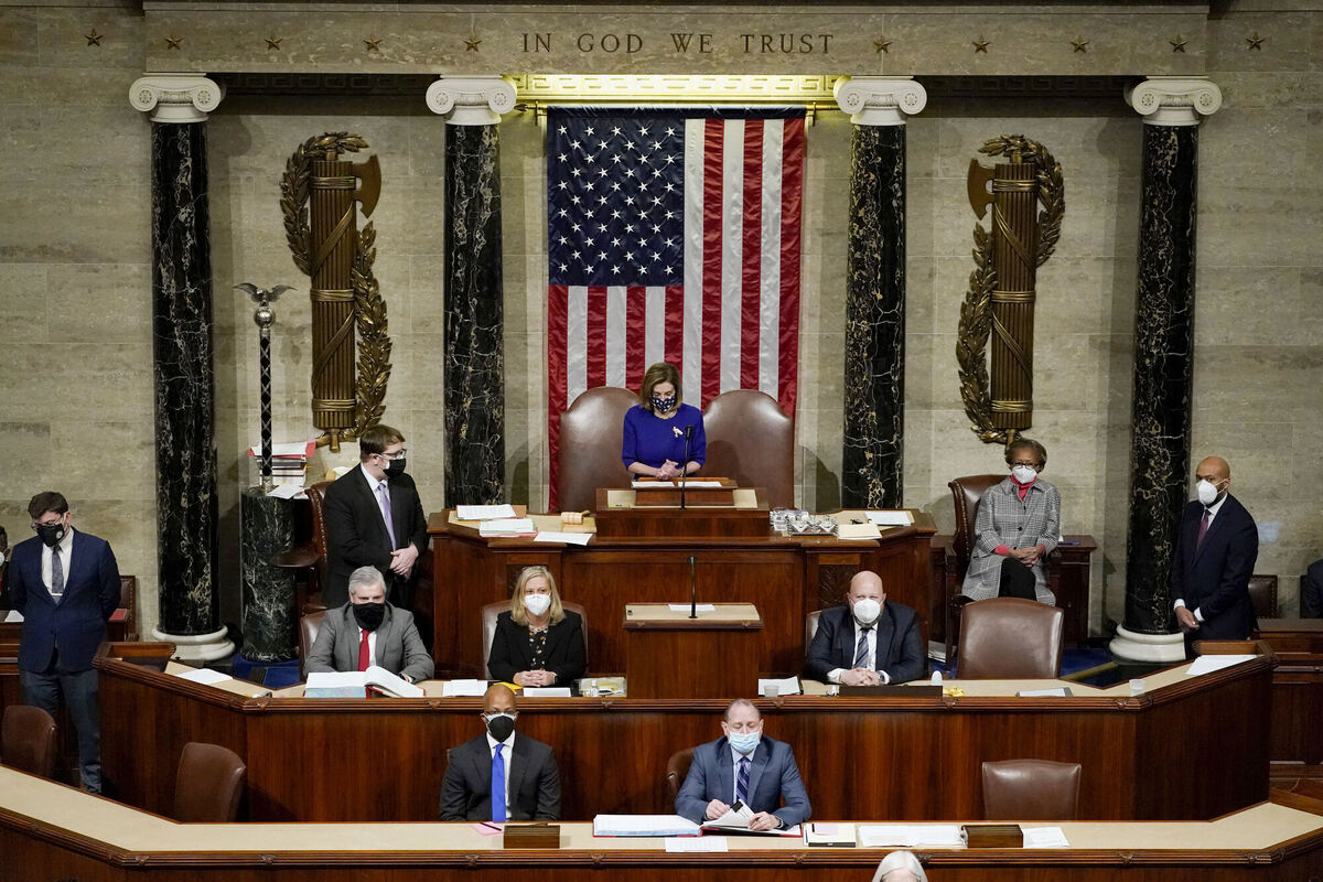Speaker of the House Nancy Pelosi, D-Calif., speaks in the House Chamber after they reconvened for arguments over the objection of certifying ArizonaÕs Electoral College votes in NovemberÕs election, at the Capitol in Washington, Wednesday, Jan. 6, 2021. Picture: Drew Angerer/Pool via AP