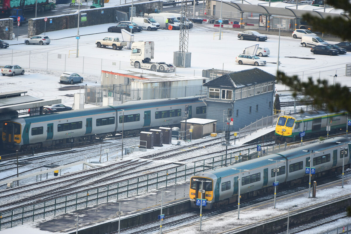 View of trains in the yards at Kent Station, Cork city viewed from The Montenotte Hotel, Cork after an overnight snowfall.