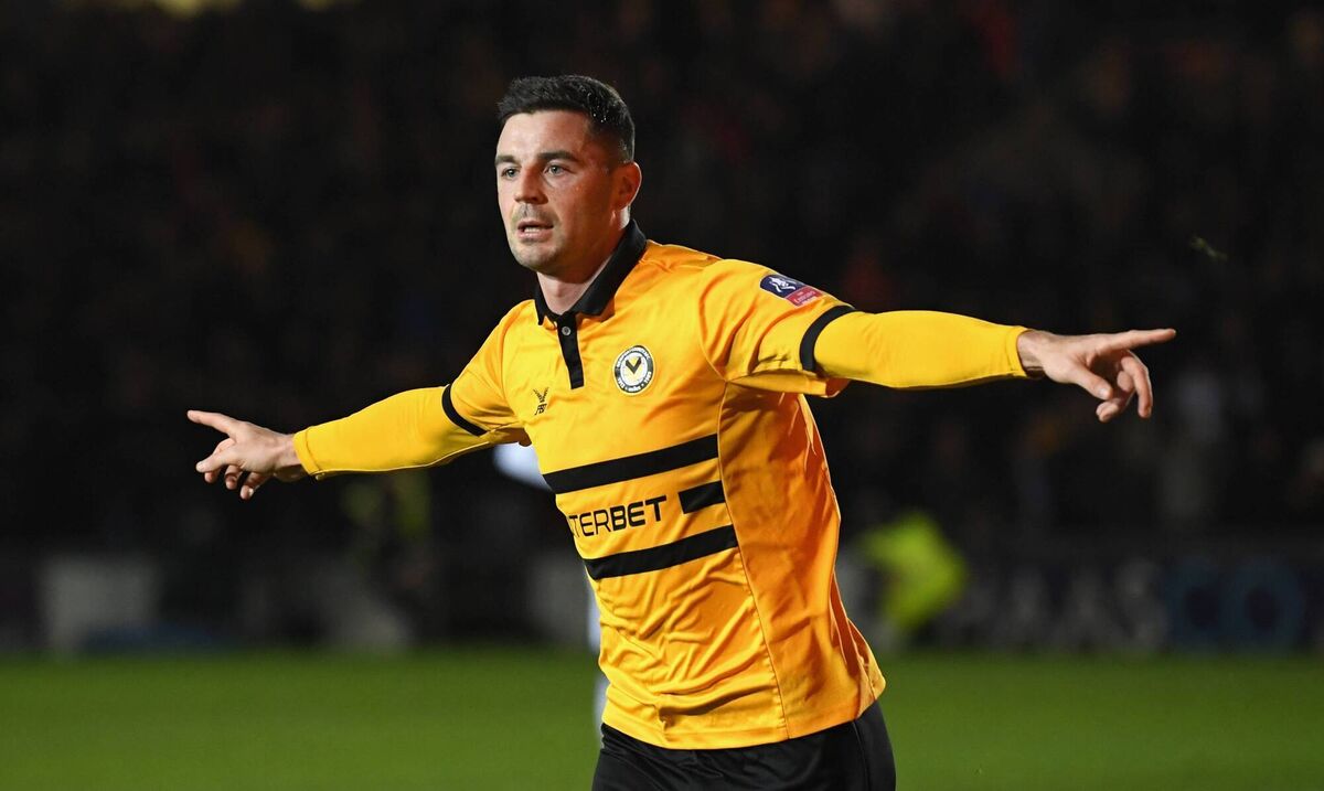 Newport goal scorer Padraig Amond celebrates after scoring the winning goal during the FA Cup third round match against Leicester in 2019. Picture: Stu Forster/Getty Images