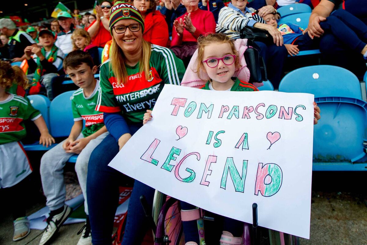 Mayo fans Fionn and Diadh Scully from Knockmore show support for Tom Parsons ahead of the All-Ireland SFC quarter-final at MacHale Park, Castlebar. Picture: Inpho/ James Crombie