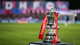 <p>A general view of the FA Cup trophy before the FA Cup First Round match at Champion Hill, London.</p>