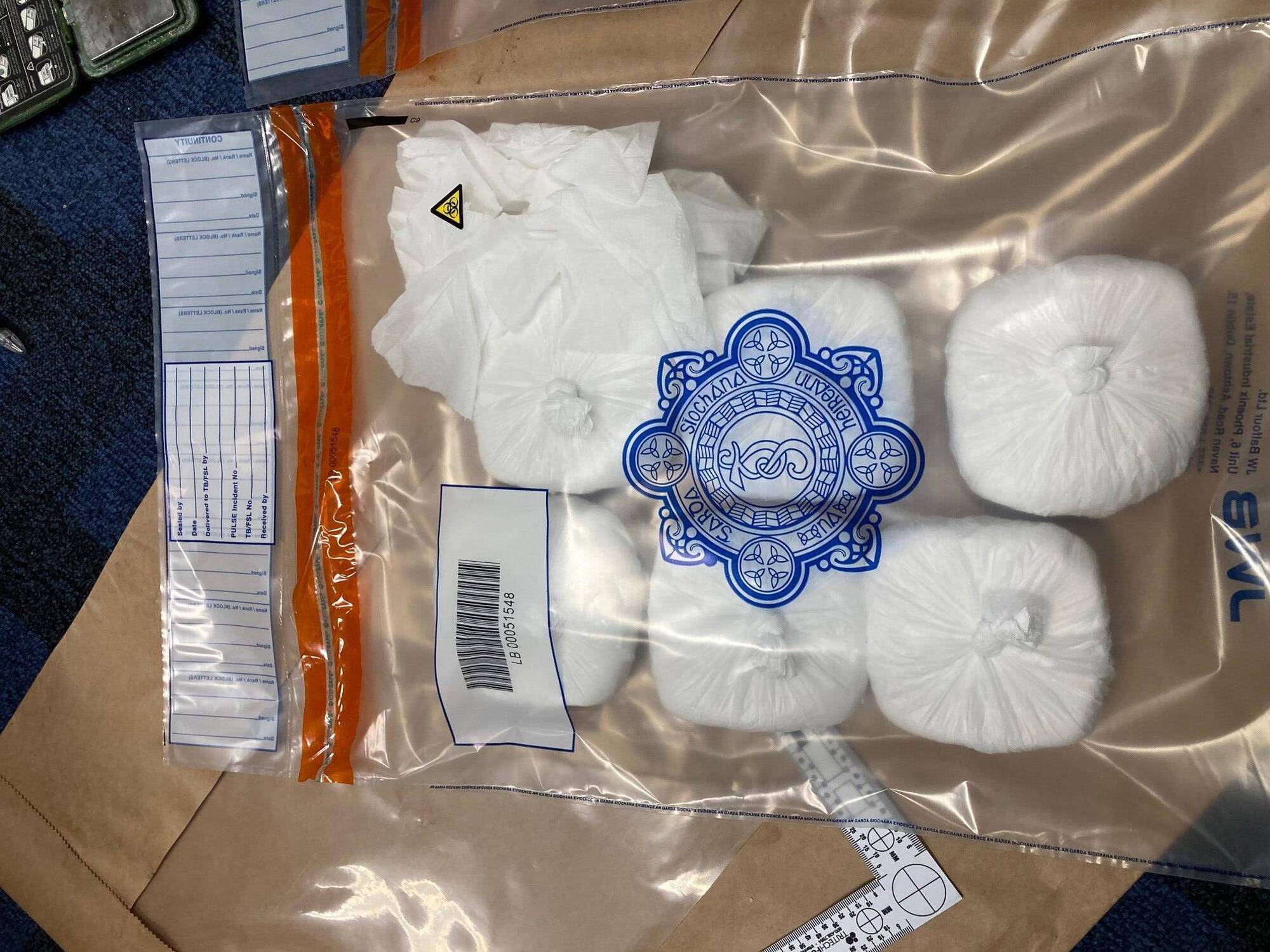 Approximately 1.5kg of suspected cocaine was discovered in a plastic bag concealed inside a clothes bag in the boot of the vehicle. Picture: An Garda Síochána