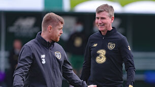 <p>Republic of Ireland coach Damien Duff (left) and manager Stephen Kenny during the training session at the FAI National Training Centre, Abbotstown, Ireland.</p>