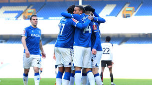 <p>Everton's Seamus Coleman joins the celebrations after Cenk Tosun's goal at Goodison Park. Picture: Peter Byrne/PA</p>