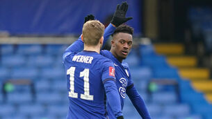 <p>Chelsea’s Callum Hudson-Odoi (right) and Timo Werner celebrate (John Walton/PA).</p>