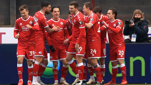 <p>Crawley Town celebrate Jordan Tunnicliffe’s third goal in a shock 3-0 FA Cup third round win over Premier League Leeds (Adam Davy/PA Images).</p>