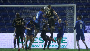 <p>West Ham United's Craig Dawson scores the winner at Edgeley Park, Stockport.</p>