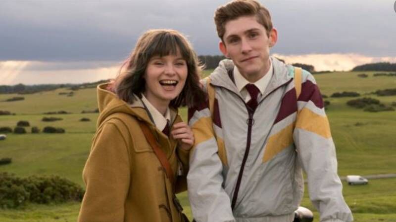 Fionn O'Shea with Lola Petticrew in Dating Amber.