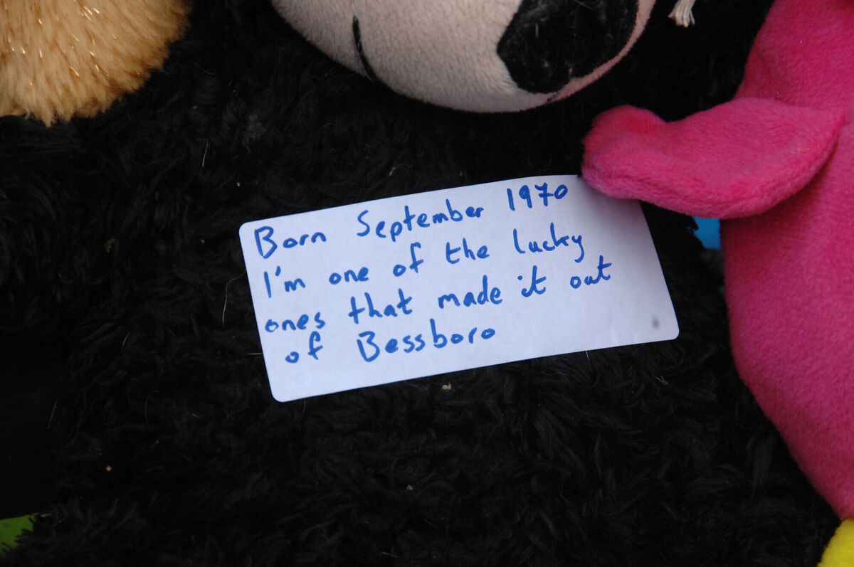 One of the cards on the teddy bears laid at the gates of Bessborough during the Bessborough Mother and Baby Support Group memorial service in Cork. Picture: Provision One of the cards on the teddy bears laid at the gates of Bessborough during the Bessborough Mother and Baby Support Group memorial service in Cork. Picture: Provision