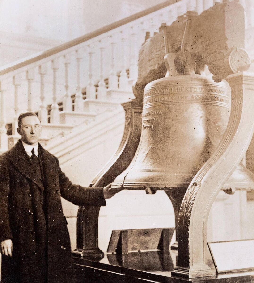 Donal O’Callaghan during his US trip at the famous Liberty Bell in Philadelphia. Photo: courtesy of the Cork Public Museum Donal O’Callaghan during his US trip at the famous Liberty Bell in Philadelphia. Photo: courtesy of the Cork Public Museum