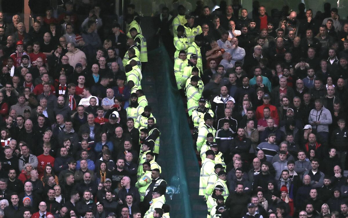 A THIN LINE: Stewards divide the rival fans during the Premier League match between the clubs at Old Trafford on October 20, 2019. ‘Even when things were at their finest for us, we could never really get the better of United. So yeah, OK, they probably do bother me a little.’ Picture: Catherine Ivill/Getty A THIN LINE: Stewards divide the rival fans during the Premier League match between the clubs at Old Trafford on October 20, 2019. ‘Even when things were at their finest for us, we could never really get the better of United. So yeah, OK, they probably do bother me a little.’ Picture: Catherine Ivill/Getty