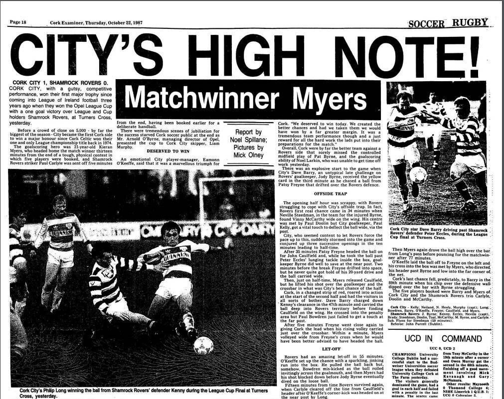 The report in The Cork Examiner on Cork City’s League Cup win on October 21, 1987, the club’s first national trophy.