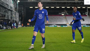 <p>Chelsea's Mason Mount celebrates scoring his side's first goal of the game during the Premier League match at Craven Cottage, London.</p>