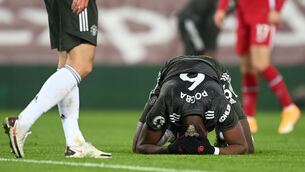 <p>Manchester United's Paul Pogba reacts after a missed chance during the Premier League match at Anfield. Picture: Michael Regan</p>