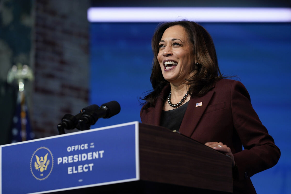 In this Tuesday, Nov. 24, 2020 file photo, Vice President-elect Kamala Harris speaks as she and President-elect Joe Biden introduce their nominees and appointees to key national security and foreign policy posts at The Queen theater, in Wilmington, Del. In this Tuesday, Nov. 24, 2020 file photo, Vice President-elect Kamala Harris speaks as she and President-elect Joe Biden introduce their nominees and appointees to key national security and foreign policy posts at The Queen theater, in Wilmington, Del.