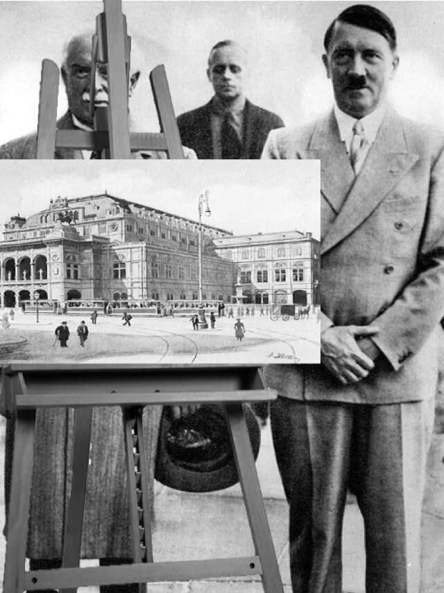 Adolf Hitler posing beside his watercolour of the Vienna State Opera House, 1912.