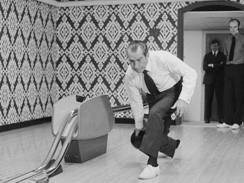 President Richard Nixon in the White House's bowling alley. Picture: Getty Images