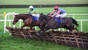 <p>Capodanno (far side) has been found a suitable opportunity to get off the mark over hurdles at Clonmel. Picture: Healy Racing.</p>