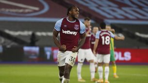 <p>Michail Antonio celebrates scoring West Ham’s winning goal. Picture: Matthew Childs/PA</p>