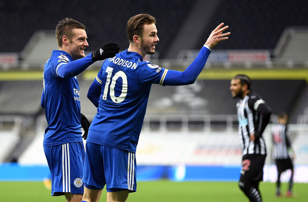 Leicester City's James Maddison celebrates scoring his side's first goal of the game against Newcastle with team-mate Jamie Vardy