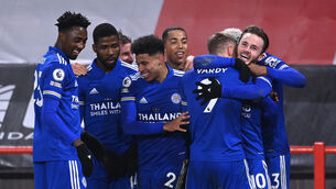 <p>Leicester City's Jamie Vardy celebrates his late winning goal with teammates during the Premier League match at Bramall Lane, Sheffield.</p>