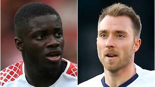 <p>Dayot Upamecano and Christian Eriksen (John Walton/Nigel French/PA)</p>
