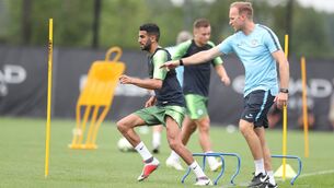 <p>Shayne Murphy supervising training with Manchester City’s Riyad Mahrez. Murphy recently took a step back from City to form his own consultancy business, SDM Performance, but City remain one of his clients.</p>