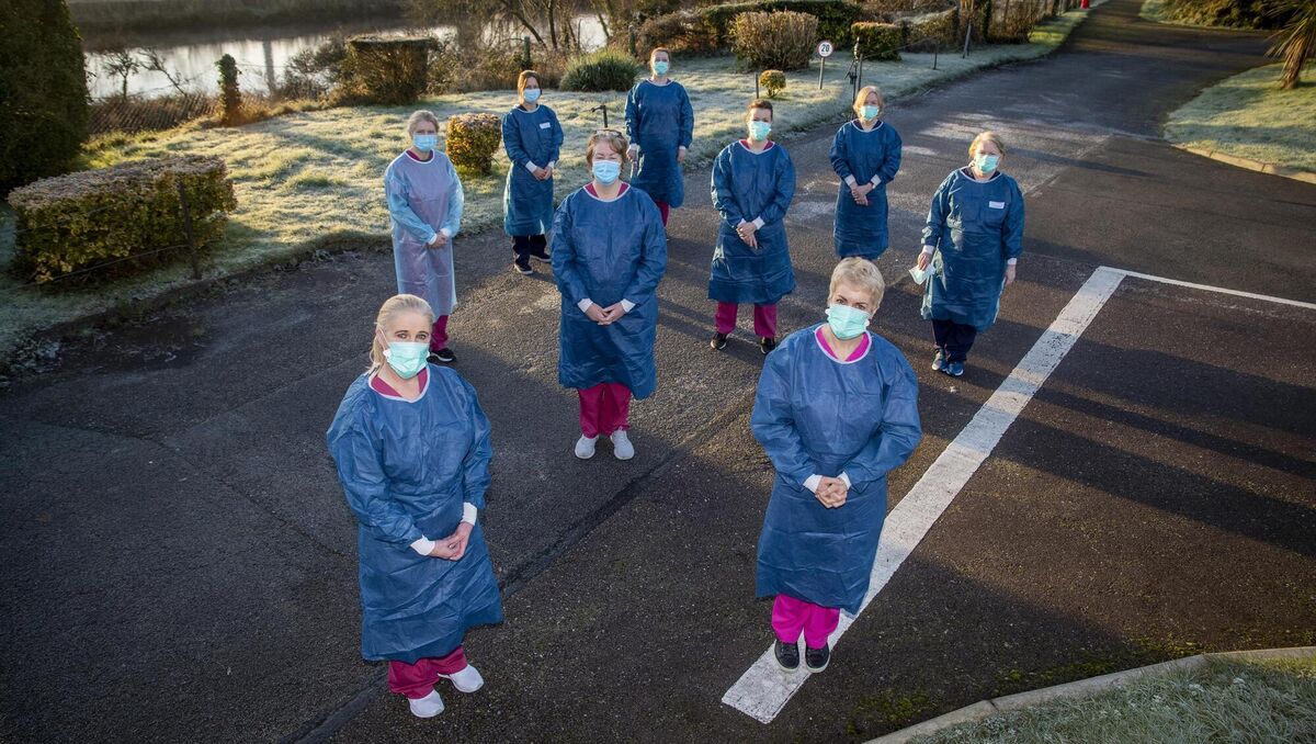 Members of the vaccination programme team at St Joseph's Nursing Home, Killorglin, Co Kerry: Sharon Williams, Dr Caitriona Colohan, Carolann Fogarty, Dr Wiebke McGuire, Kay O'Connor, Gerardina Harnett, Jackie Linnane, Catherine O'Sullivan, and Nora Lamb. Picture: Domnick Walsh