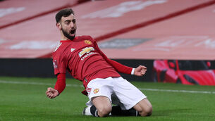 <p>Manchester United's Bruno Fernandes celebrates scoring his side's third goal. Photo: Martin Rickett/PA</p>