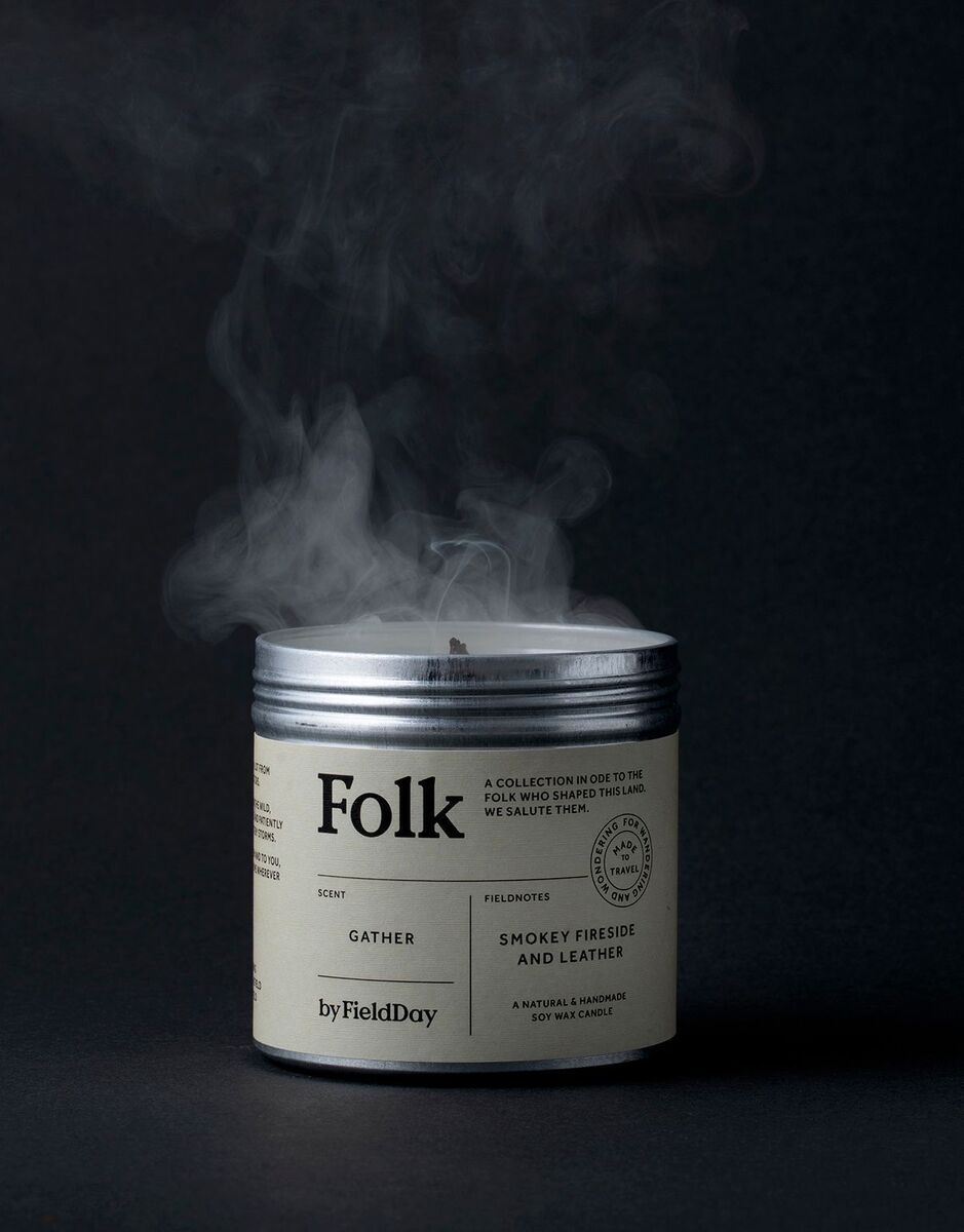  The Folk tin candle collection includes Gather, designed for relaxation with undertones of leather and fireside scents (€15.95 at www.meadowsandbyrne.com).