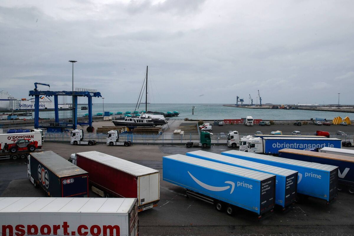 Amazon trailer trucks are parked at Cherbourg Harbour. Picture: Reuters/Gonzalo Fuentes
