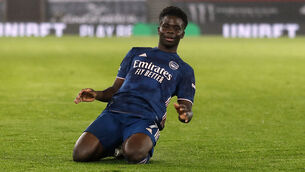<p>Bukayo Saka celebrates after scoring Arsenal’s second goal. Photo: Frank Augstein/PA</p>