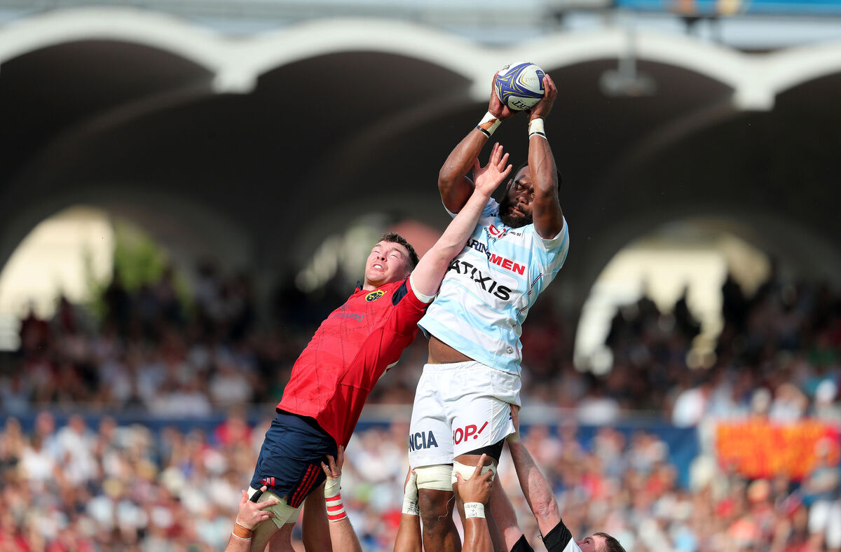 Racing 92's Leone Nakarawa wins a lineout under pressure from Peter O'Mahony of Munster in the 2018 Champions Cup semi-final. Picture: INPHO/Dan Sheridan