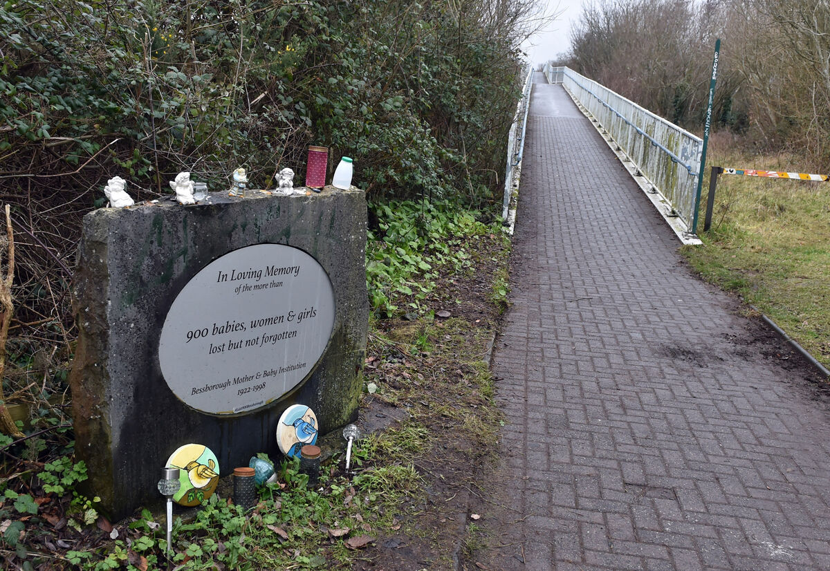 A plaque remembering the babies, women and girls from the Bessborough mother and baby home in Cork. 75.19% of all babies admitted to, or born in the home in 1943 died in infancy. 