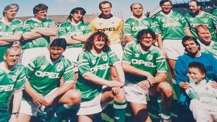 <p>Alternative Ireland: BACK, L-R,  Dermot Morgan. Nicky English, Jerry Fehily (Hot House Flowers), Barney Rock (?), Billy McGrath, unknown, Oliver Walshe; FRONT,  Shay Healy, Ray Treacy, Tom Dunne, PJ Smith (No Sweat),  Chris de Burgh, Tony Fenton.</p>