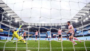 <p>Gabriel Jesus scores Manchester City's first goal during today's game with Sheffield United at Etihad Stadium.</p>