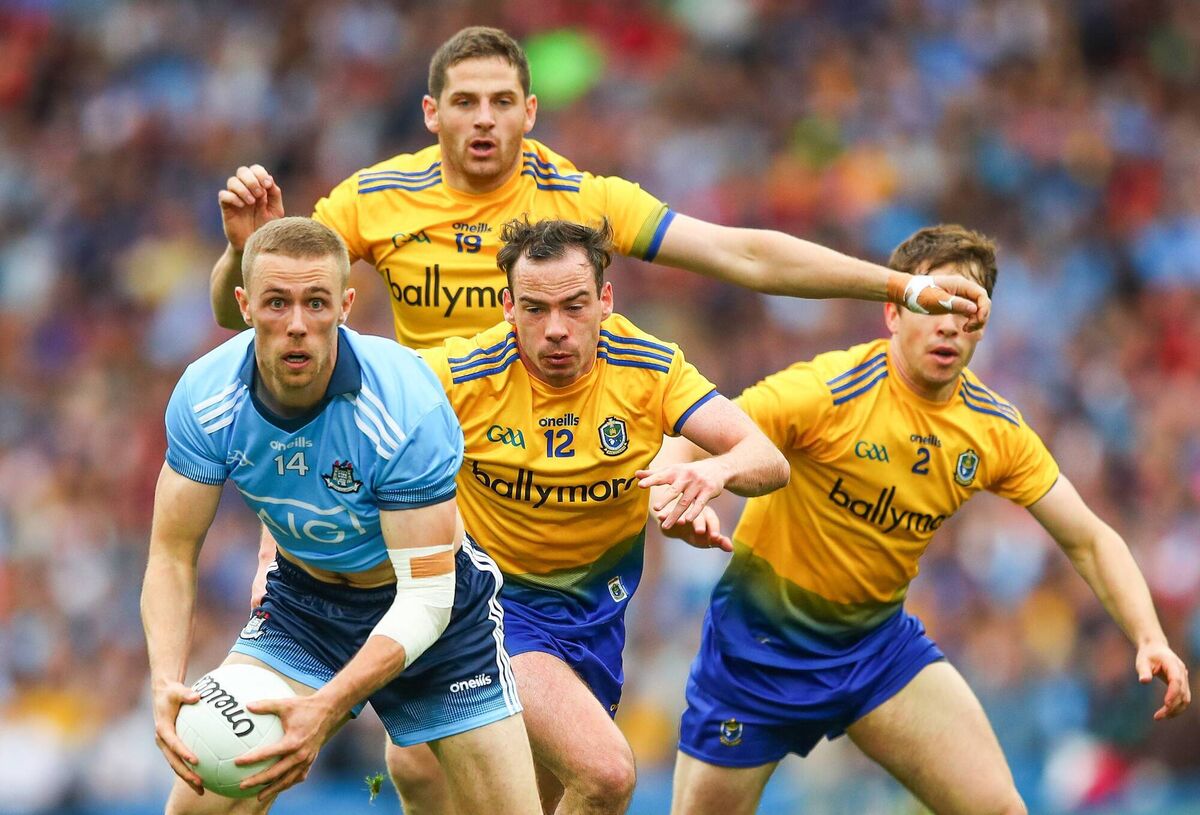 Dublin full-forward Paul Mannion surveys his options as Niall Kilroy, Fintan Cregg, and David Murray close in during their 2019 Super 8s contest at Croke Park. Picture: INPHO/James Crombie