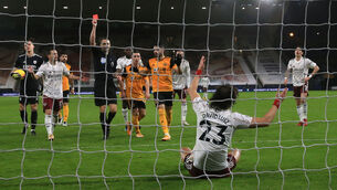 <p>Arsenal’s David Luiz is shown a red card by referee Craig Pawson. Picture: Nick Potts/PA</p>