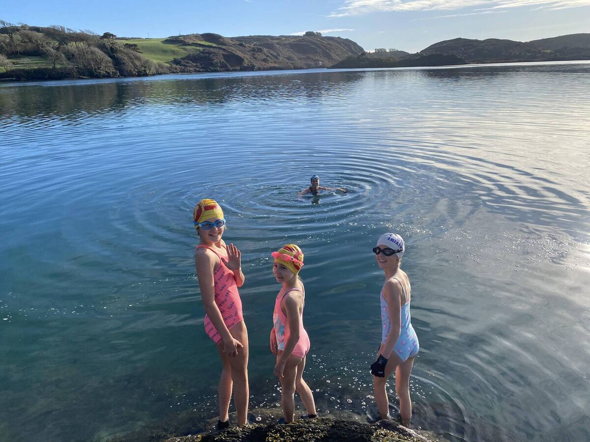 Holly (11), Maya (7), Izzy (10) swimming in Lough Hyne with their mum. Holly is known in her school to be quite the "Frog Queen." Photo: Richard O'Flynn Holly (11), Maya (7), Izzy (10) swimming in Lough Hyne with their mum. Holly is known in her school to be quite the "Frog Queen." Photo: Richard O'Flynn