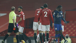 <p>Southampton’s Alex Jankewitz, right, leaves the pitch after being shown a red card. Picture: Phil Noble/PA</p>