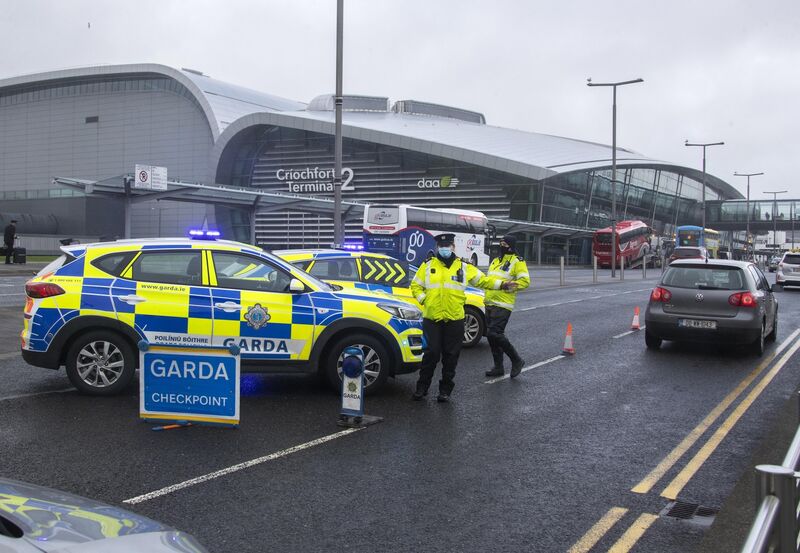 Gardaí man a Covid-19 Checkpoint at the entrance to Terminal 2, Dublin Airport. Picture: Colin Keegan/Collins Dublin