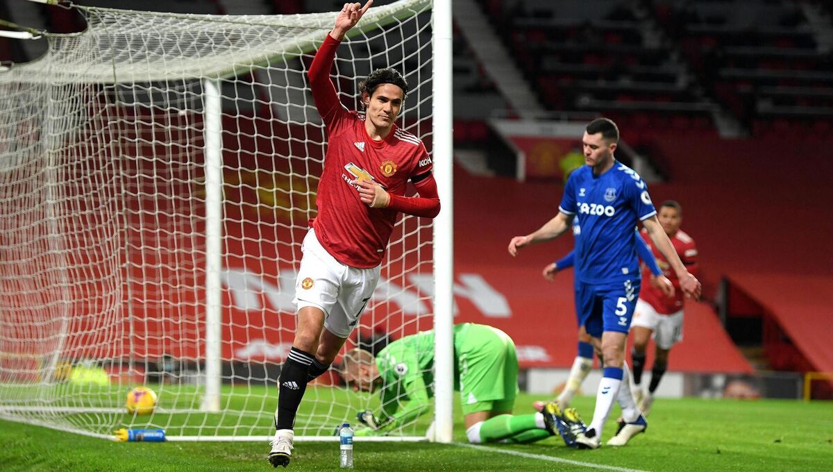 ED IT IN SON: Man Utd's Edinson Cavani celebrates scoring his side's opener at Old Trafford