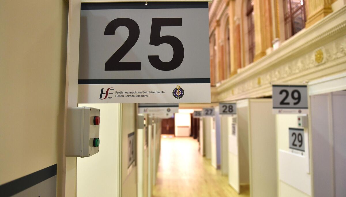 Booths where people will receive their vaccine at the new mass vaccination clinic in the City Hall, Cork. Picture: Dan Linehan