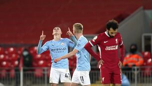 <p>Manchester City's Phil Foden celebrates scoring their side's fourth goal of the game. Picture: Tim Keeton</p>