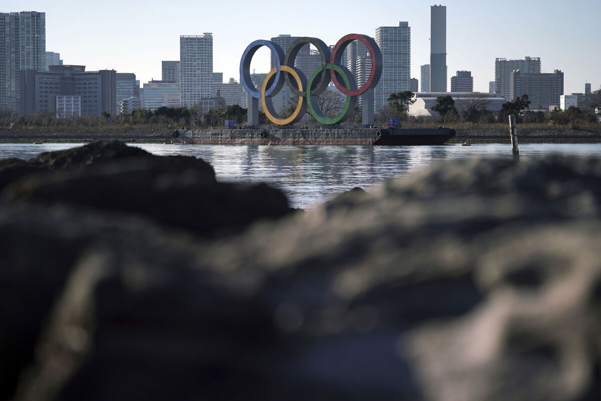 The Olympic rings floating in the water in the Odaiba section is seen in Tokyo on Wednesday, January 20, 2021. Picture: Eugene Hoshiko