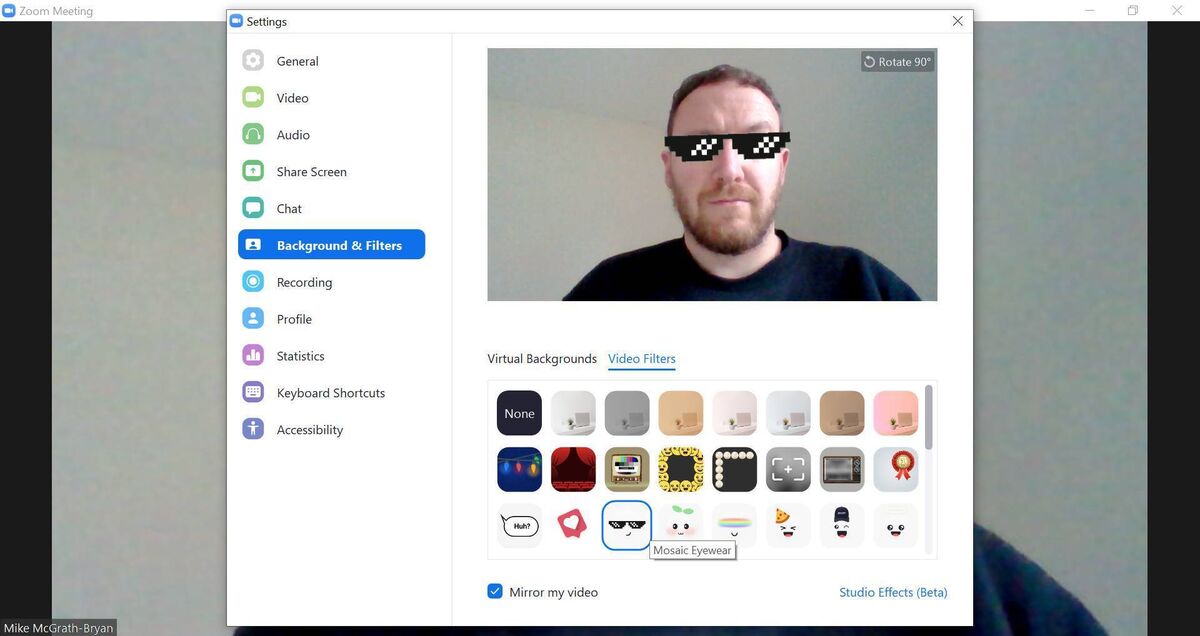 Video filters on Zoom, accessible at the Video Settings menu: very cool, in the right context.